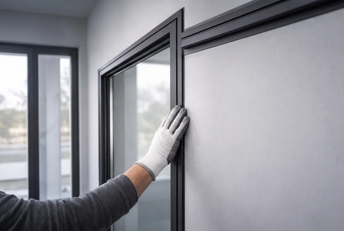 Okno aluminiowe z czarną ramą w nowoczesnym, jasnym wnętrzu