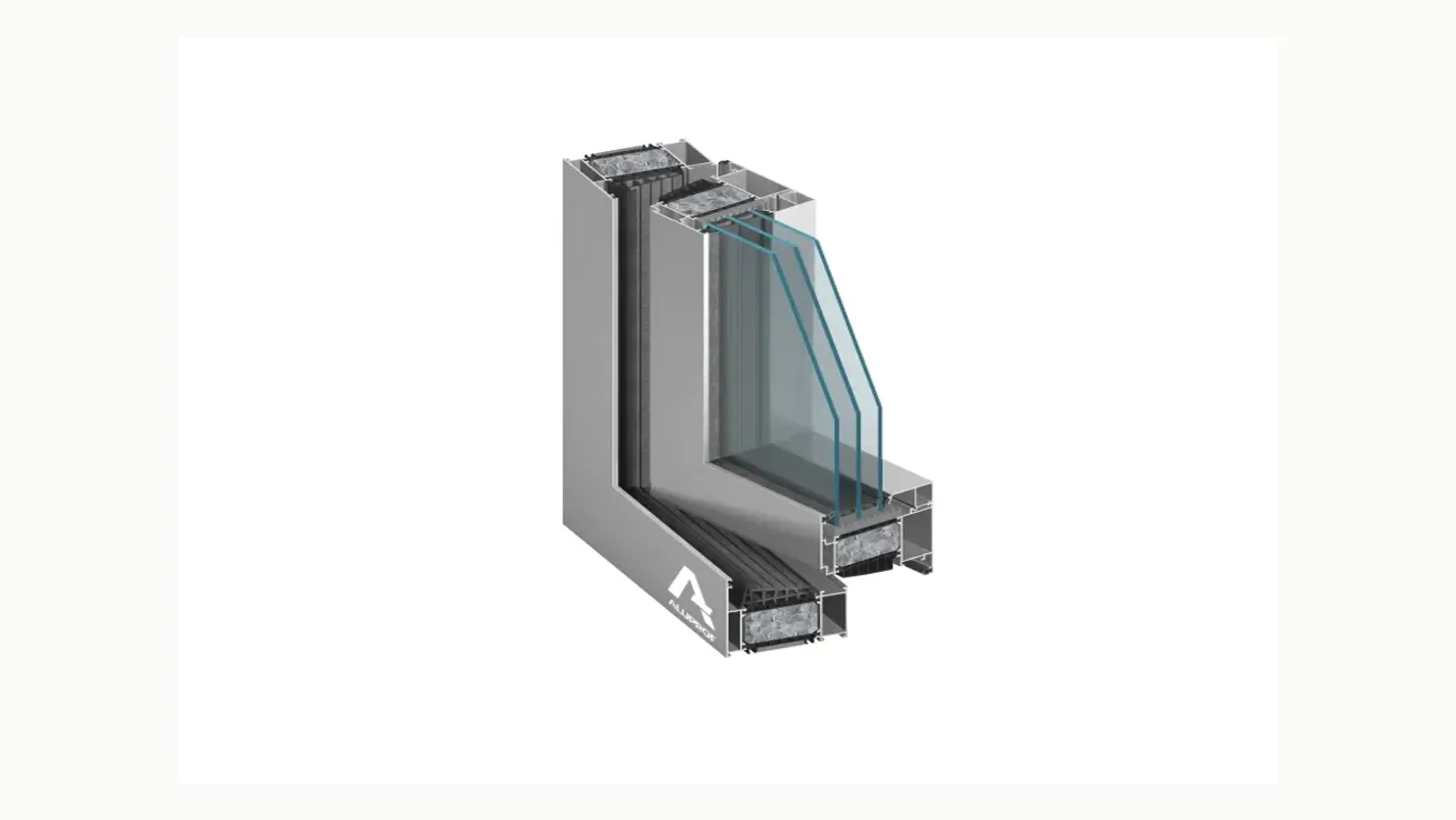 Przekrój narożnika okna aluminiowego w systemie Aluprof MB-104 Passive z potrójnym pakietem szybowym