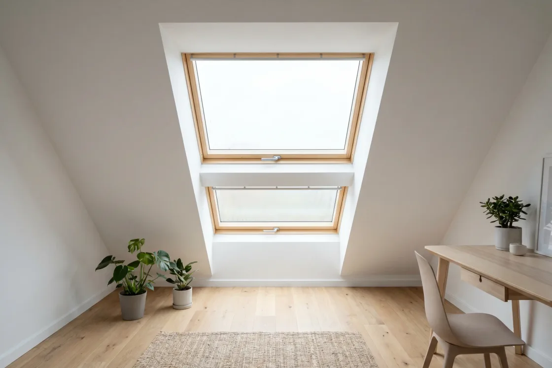 Dwa okna dachowe w połaci poddasza z jasnym skandynawskim wnętrzem