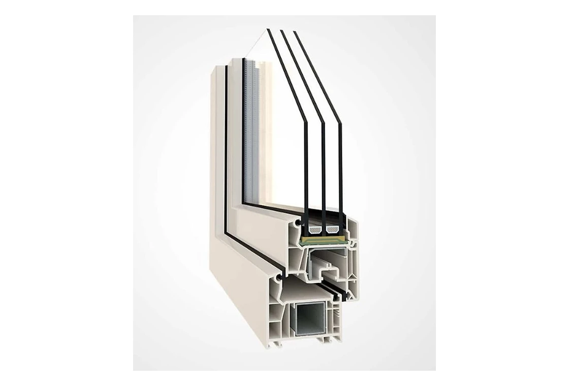Przekrój profilu okiennego VEKA SOFTLINE 76 MD z pakietem trzyszybowym