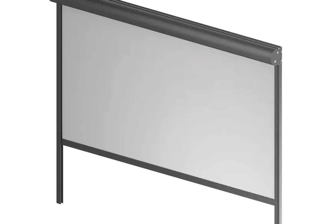Screen kasetowy z owalną kasetą aluminiową i tkaniną techniczną opuszczoną w prowadnicach