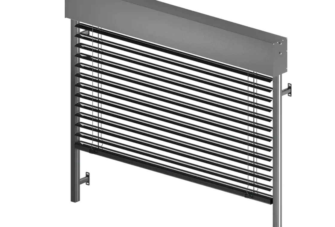 Żaluzja fasadowa samonośna z kwadratową kasetą z ekstrudowanego aluminium i prowadnicami przenoszącymi ciężar systemu