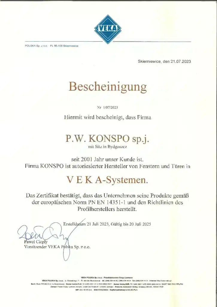 Veka Bescheinigung für Konspo – einen Fensterhersteller aus Polen